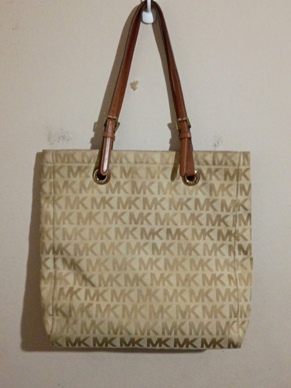 Michael Kors Jet Set Tote Signature Canvas Leather Handbag Camel